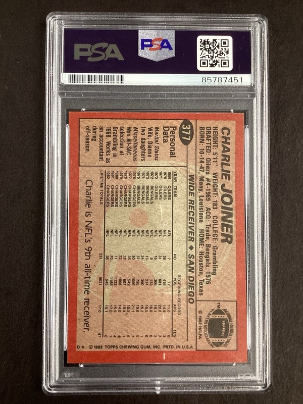 Charlie Joiner Signed 1983 Topps #377 Card Chargers Football Autograph PSA/DNA view 2