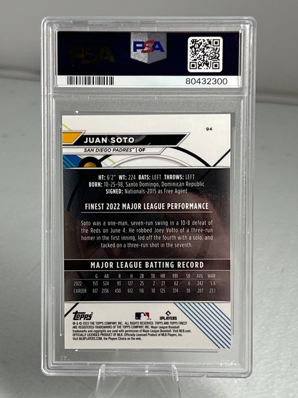 2023 finest juan soto orange /25 psa 10 pop 2 super sharp view 2