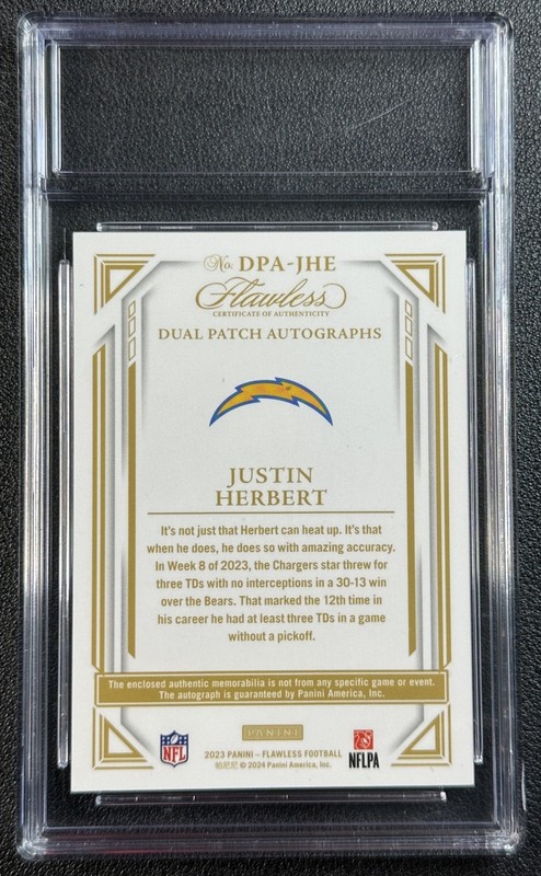 JUSTIN HERBERT 2023 PANINI FLAWLESS #DPA-JHE DUAL JERSEY PATCH AUTO RUBY 5/15 view 2