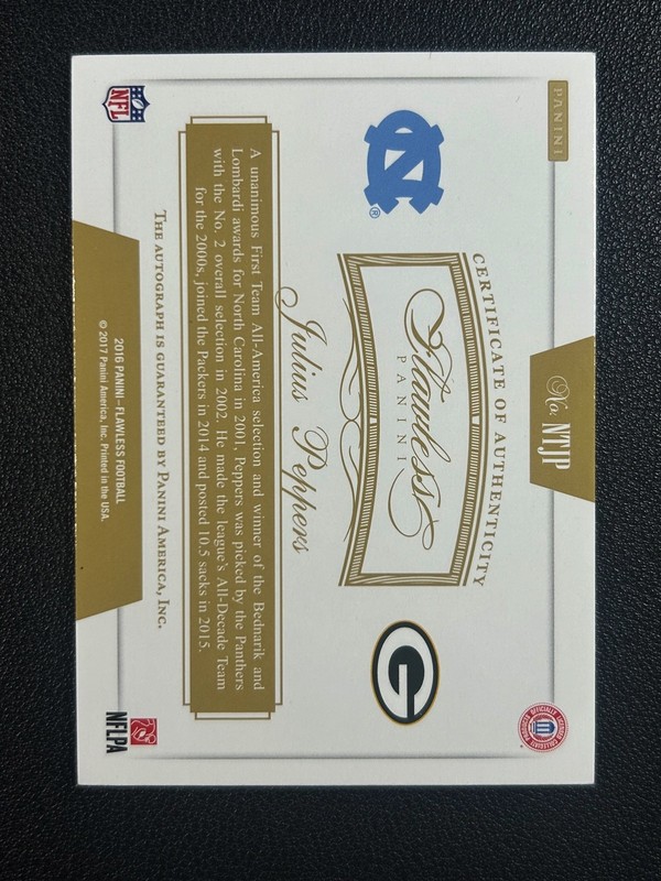 1/1 JULIUS PEPPERS 2016 PANINI FLAWLESS NOW & THEN AUTO PLATINUM 1/1 PACKERS view 2