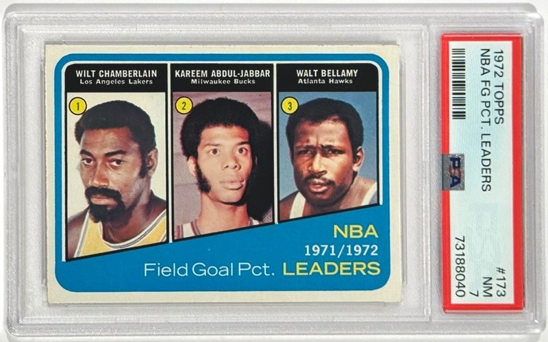 1972 Topps #173 Wilt Chamberlain - Kareem Abdul Jabbar FG PCT Leaders PSA 7 view 1