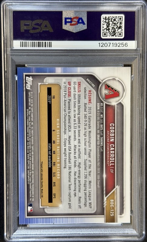 2019 Bowman Draft Sapphire Corbin Carroll 1st #BDC-125 Diamondbacks PSA 9 view 2