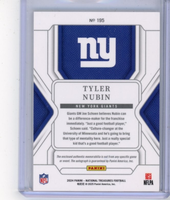 Tyler Nubin Rookie Patch Auto Holo Silver /25: 2024 National Treasures Football view 2