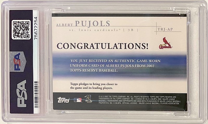 2002 Topps Reserve Albert Pujols Game Worn Uniform Relic Patch PSA 9 Pop 4 view 2