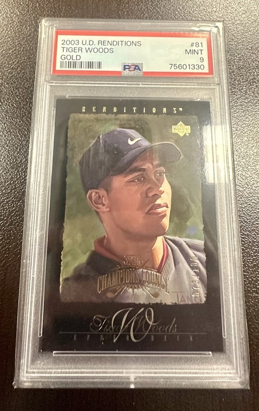 2003 Upper Deck Renditions Tiger Woods The Champions Lounge Gold /100 #81 PSA 9 view 1