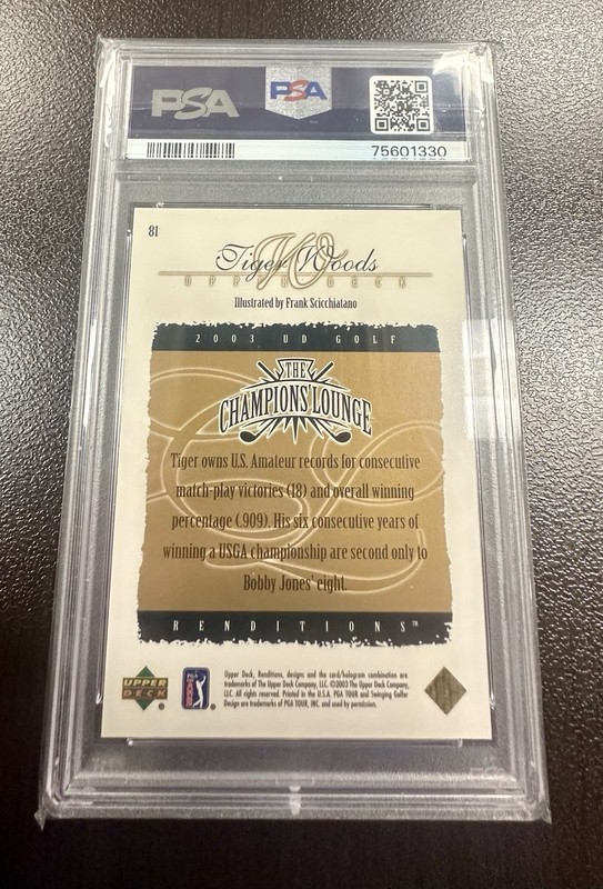 2003 Upper Deck Renditions Tiger Woods The Champions Lounge Gold /100 #81 PSA 9 view 2
