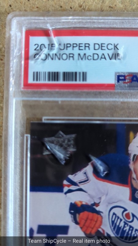 DEFECTIVE 201516 Upper DeckConnor McDavid 201 Young Guns Rookie PSA 9 Mi G3D view 2