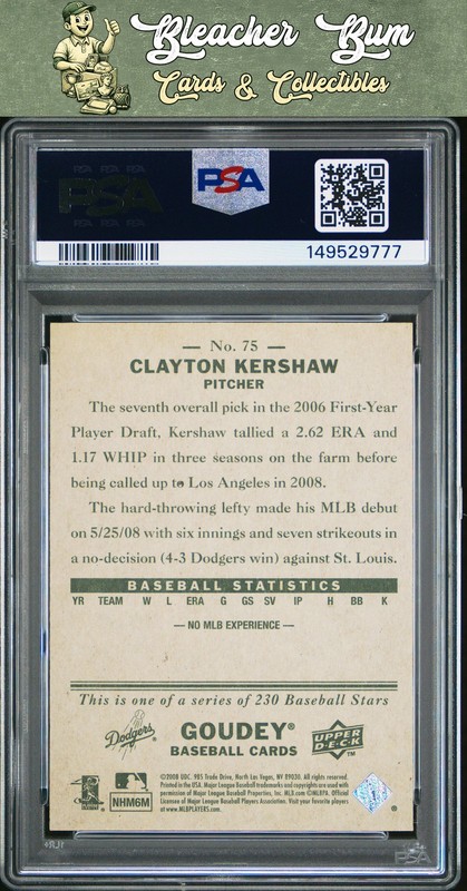 2008 Upper Deck Goudey 75 Clayton Kershaw RC PSA 10 view 2