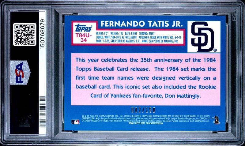 Fernando Tatis Jr RC /150 - 2019 Topps Silver Pack Blue Refractor PSA 9 Padres view 2