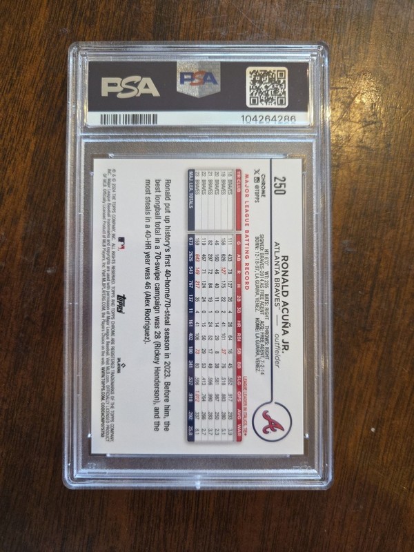 2024 Topps Chrome ORANGE SPECKLE Refractor /25 Ronald Acuna Jr PSA 10 POP 8 view 2