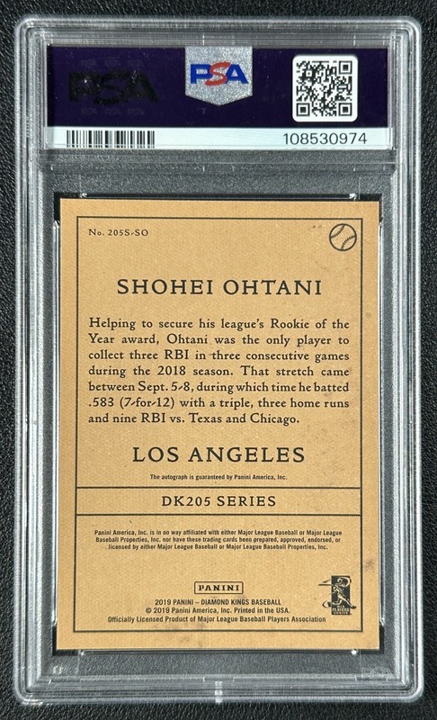 SHOHEI OHTANI PSA 9 2019 PANINI DIAMOND KINGS 205S-SO 10 AUTO HOLO SILVER 29/49 view 2