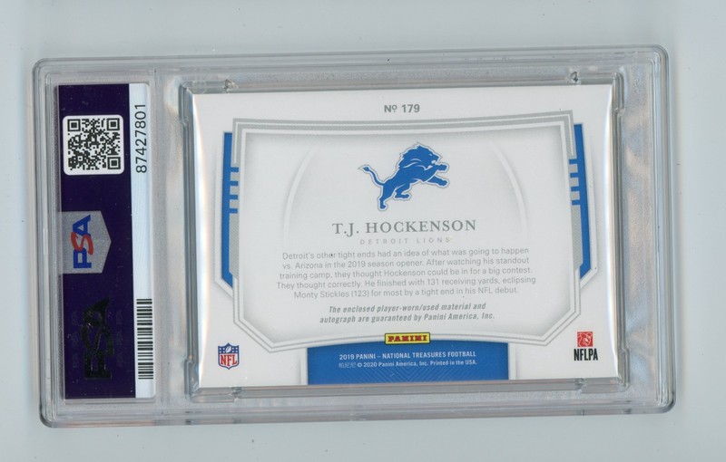 2019 Panini National Treasures TJ Hockenson Rookie Patch Auto RPA /88 PSA 10 (G) view 2