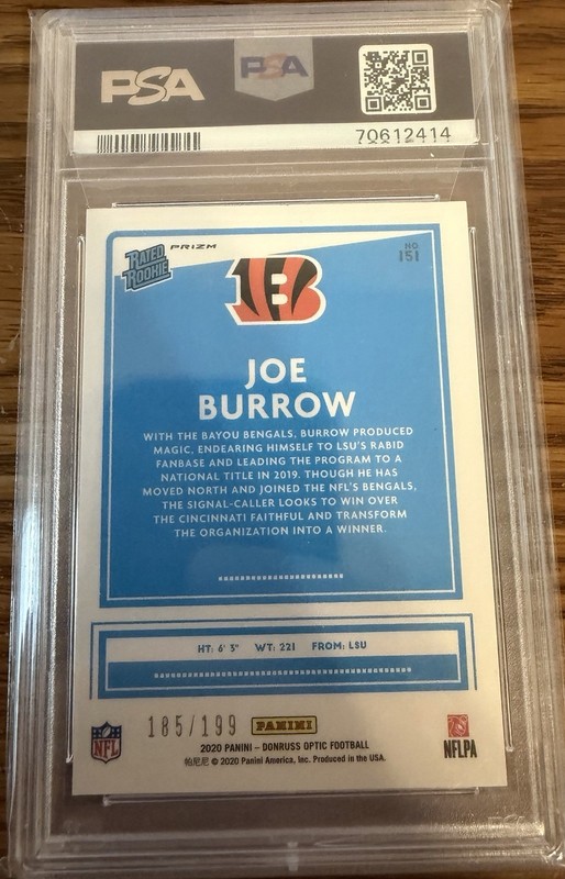 2020 Panini Donruss Optic Rated Rookies Joe Burrow #151 Orange /199 (RC) - PSA 9 view 2
