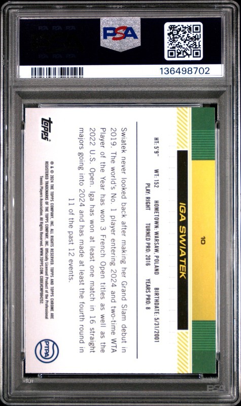 2024 Topps Chrome Tennis Iga Swiatek #10 Blue Refractor Parallel #111/250 PSA 10 view 2