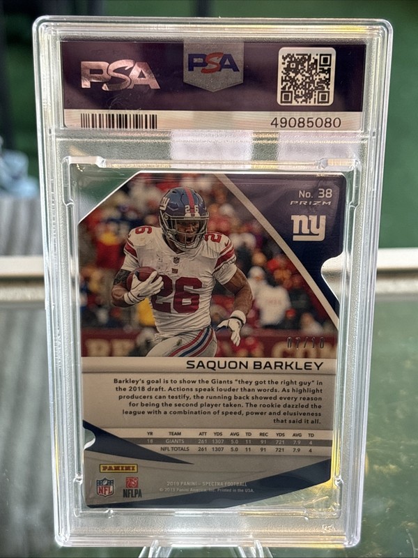 2019 Spectra Saquon Barkley Neon Orange Prizm Die-Cut 07/10 #38 PSA 9 POP 1 RARE view 2