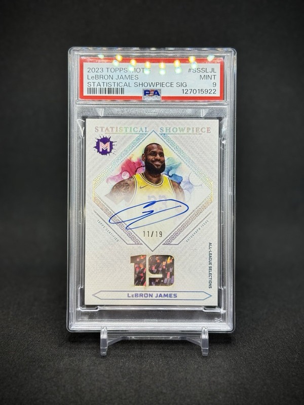 LeBron James 2023 Topps Motif Statistical Showpiece Auto /19 PSA 9 Mint