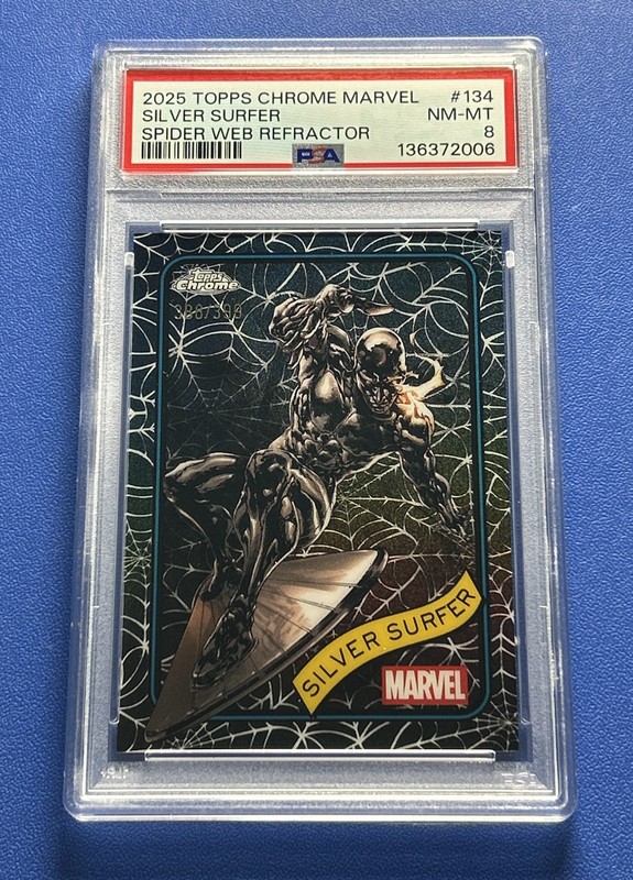 2025 Topps Chrome Marvel #134 Silver Surfer Spider Web Refractor NM-MT PSA 8