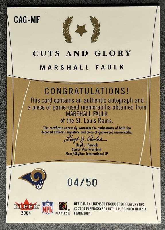 Marshall Faulk 2004 Fleer Flair Cuts And Glory GAME USED PATCH Auto /50 HOF view 2