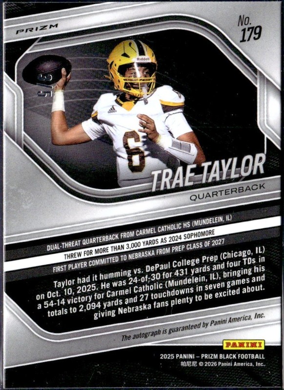 TRAE TAYLOR RC 2025 PANINI PRIZM BLACK NIL GOLD VINYL ROOKIE AUTO SP 3/5 view 2