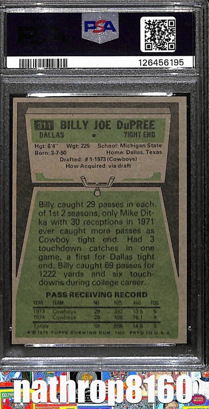 1975 Topps Football Card #311 Billy Joe Dupree Dallas Cowboys PSA 9 MINT 15592 view 2