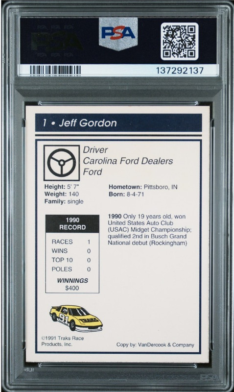 1991 Traks Racing #1 Jeff Gordon Signed Rookie Card Autograph RC Auto PSA Nascar view 2