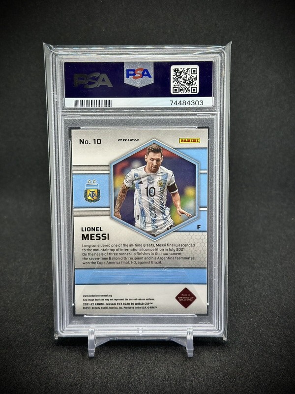 Lionel Messi 2021 Panini Mosaic FIFA WC Mosaic Prizm PSA 10 Argentina view 2