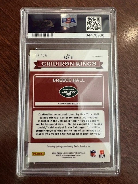 2022 Donruss Optic Breece Hall RK Gridiron King Auto Purple Star #25/25 PSA 10 view 2