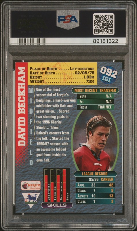 1996 Merlin Premier Gold David Beckham #92 PSA 7 view 2