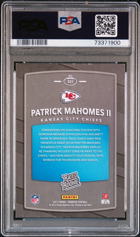 2017 Panini Donruss Rated Rookie Patrick Mahomes II #327 PSA 5 view 2