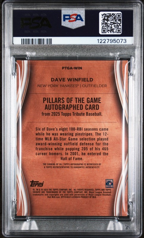 2025 Topps Tribute Pillars of the Game Auto Black 1/1 Dave Winfield #WIN PSA 9 view 2