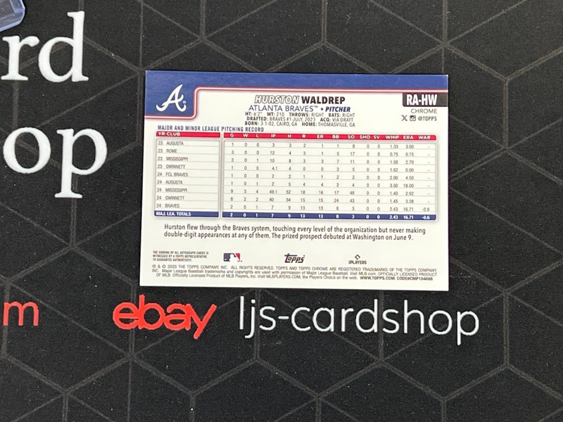 2025 Topps Chrome Hurston Waldrep Gold/Orange Lava Refractor RC Auto /85 J1 view 2