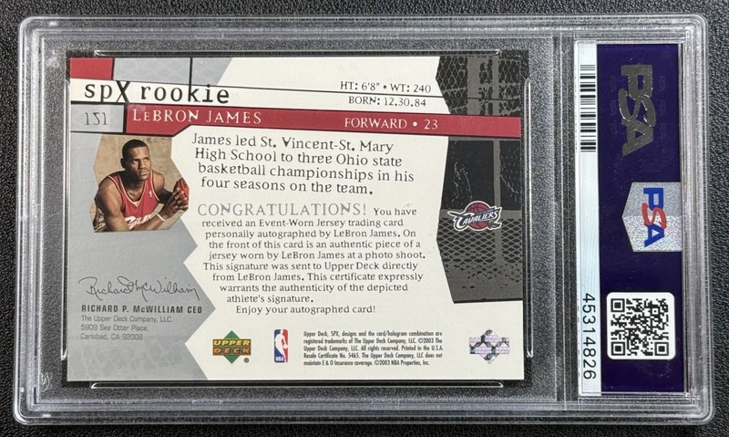 LEBRON JAMES PSA 8 2003-04 SPX #151 ROOKIE JERSEY AUTO RC 10 AUTOGRAPH 329/750 view 2