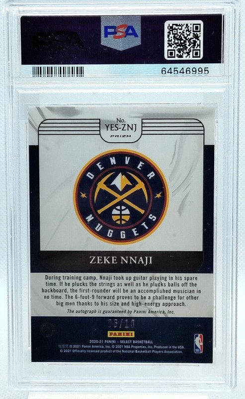 /10 Zeke Nnaji PSA 8 ROOKIE AUTO 2020-21 Select GOLD Youth Explosion Autograph view 2