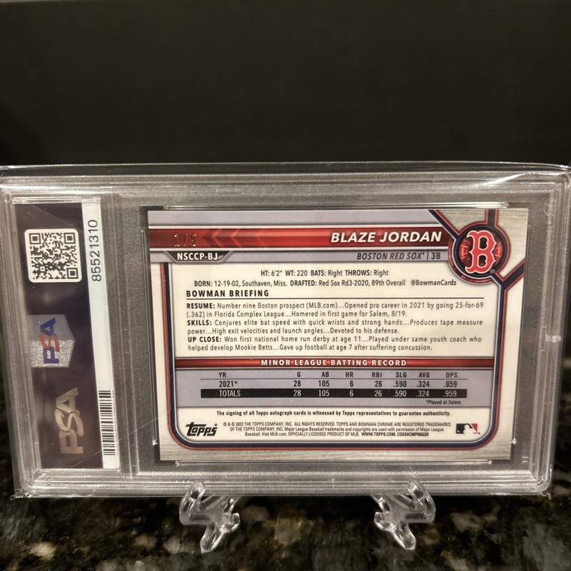 2022 Bowman Chrome Blaze Jordan Red /5 Wrapper Redemption Auto PSA 10 Auto 10 view 2