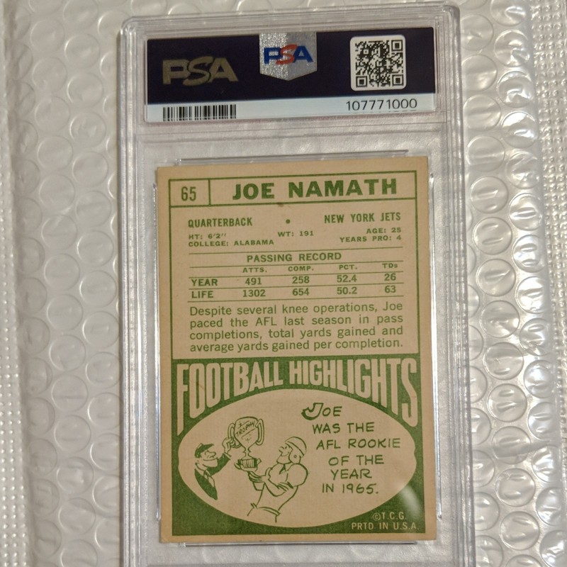 Topps 1968 Joe Namath #65 PSA 4 New York Jets Vintage Base Set NFL AFL Football view 2
