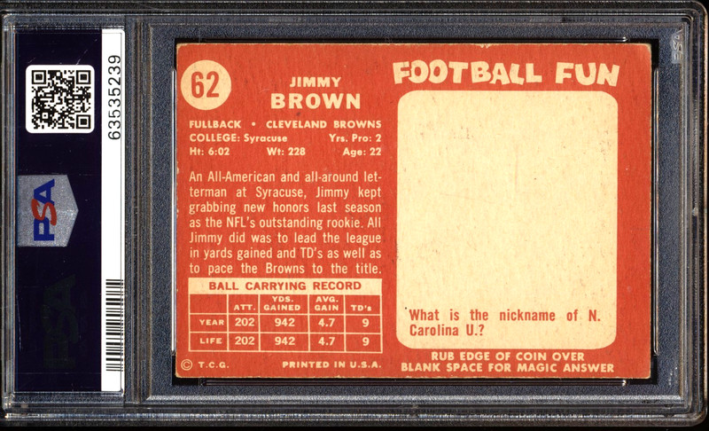 1958 Topps Cleveland Browns # 62 Jim Brown PSA 4 VG-EX WELL CENTERED NICE CARD view 2