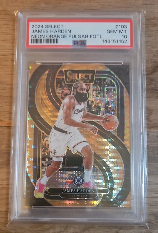 2024 Panini Select James Harden #103 Neon Orange Pulsar FOTL /18 PSA 10 - POP 2