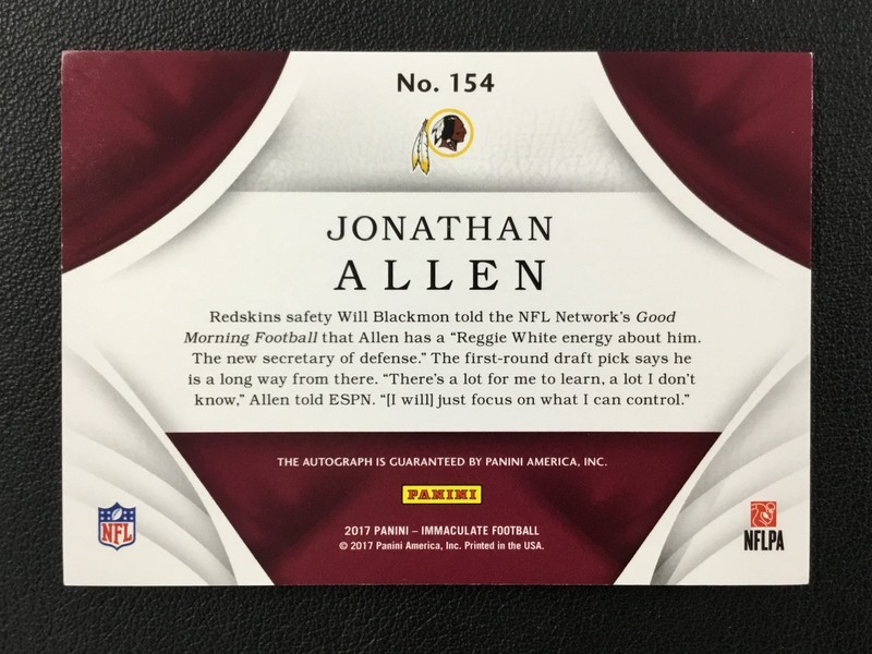 2017 Panini Immaculate Collection #154 Jonathan Allen Auto /99 Washington view 2