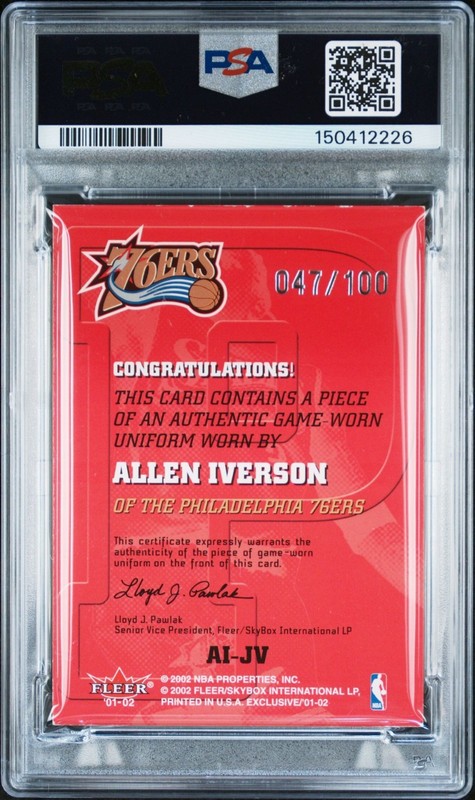 Allen Iverson 2001 Fleer Exclusive Game Worn Patch Card AI-JV PSA 10 Auto 47/100 view 2