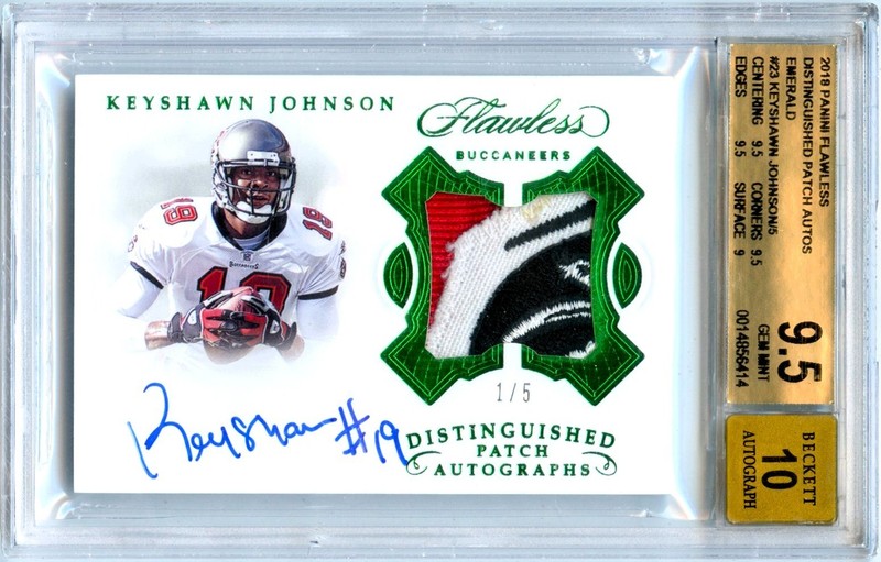 KEYSHAWN JOHNSON 2018 FLAWLESS GREEN GAME USED JERSEY PATCH AUTO 1/5 BGS 9.5