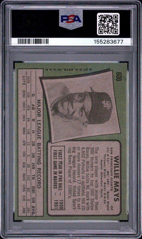 1971 Topps #600 Willie Mays PSA 5 EX view 2