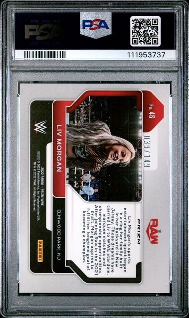 2022 Panini Prizm WWE Wrestling #46 Liv Morgan /149 Purple Parallel PSA 10 view 2