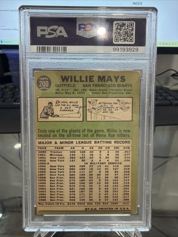 1967 TOPPS #200 WILLIE MAYS SAN FRANCISCO GIANTS BASEBALL CARD PSA 3 VG view 2