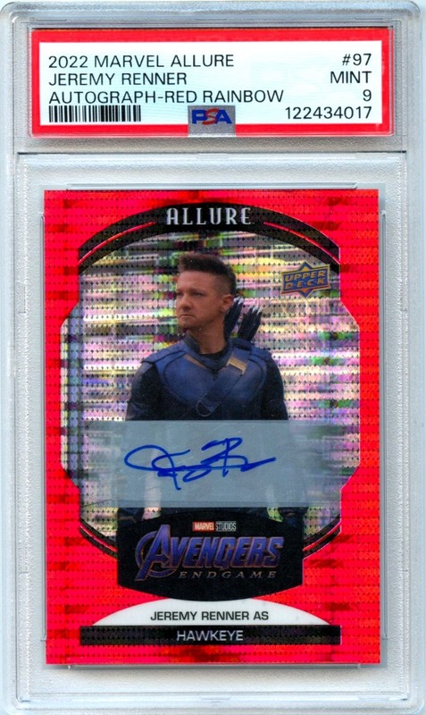 JEREMY RENNER AS HAWKEYE 2022 UD MARVEL ALLURE RED RAINBOW AUTO #97 PSA 9 MINT