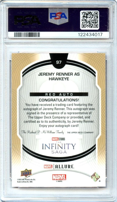 JEREMY RENNER AS HAWKEYE 2022 UD MARVEL ALLURE RED RAINBOW AUTO #97 PSA 9 MINT view 2