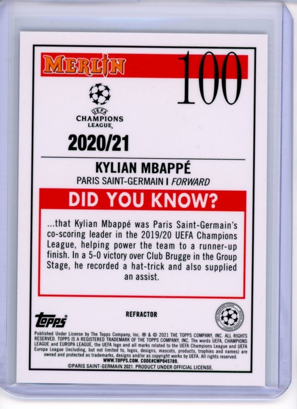 2020-21 TOPPS CHROME MERLIN UEFA CHAMPIONS LEAGUE REFRACTOR KYLIAN MBAPPE #100 view 2