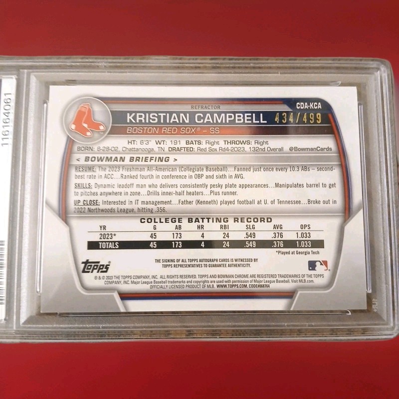 2023 1st Bowman Chrome Prospect Refractor Kristian Campbell AUTO 434/499 PSA9! view 2