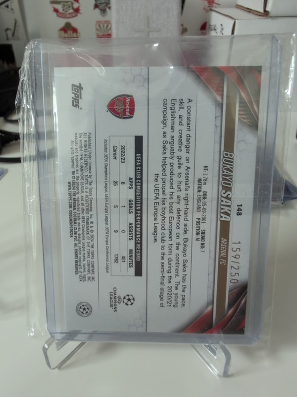 2023-24 Topps UEFA Club Competitions Bukayo Saka Navy Blue /250 Arsenal England view 2