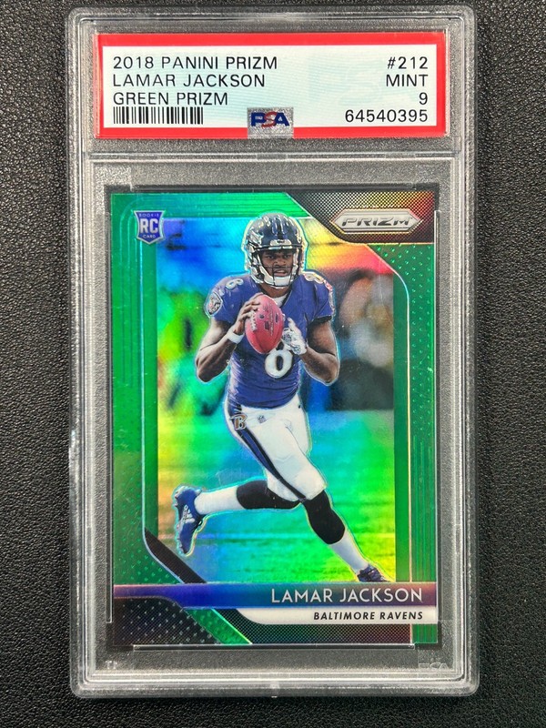 LAMAR JACKSON PSA 9 2018 PANINI PRIZM #212 ROOKIE GREEN PRIZMS RC RAVENS