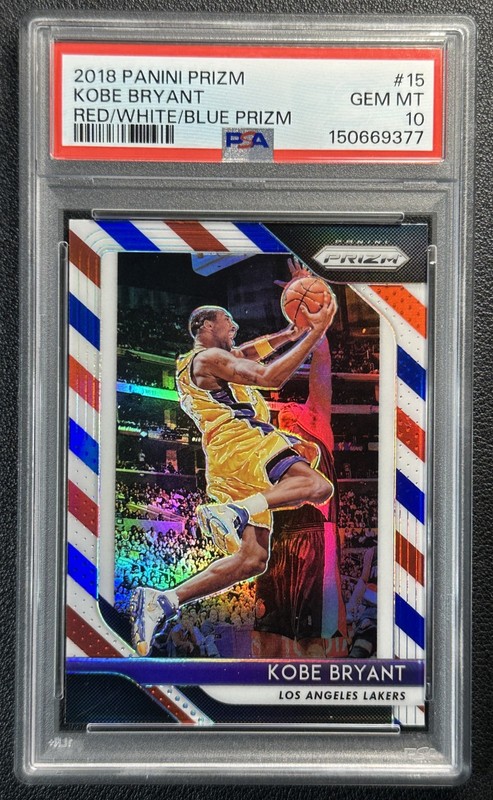 KOBE BRYANT PSA 10 2018-19 PANINI PRIZM #15 RED WHITE AND BLUE LAKERS 9377